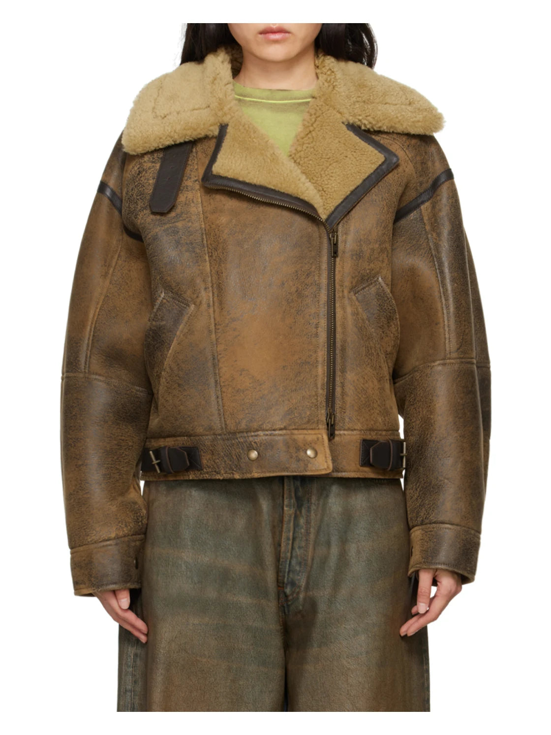 Distressed Shearling Leather Jacket